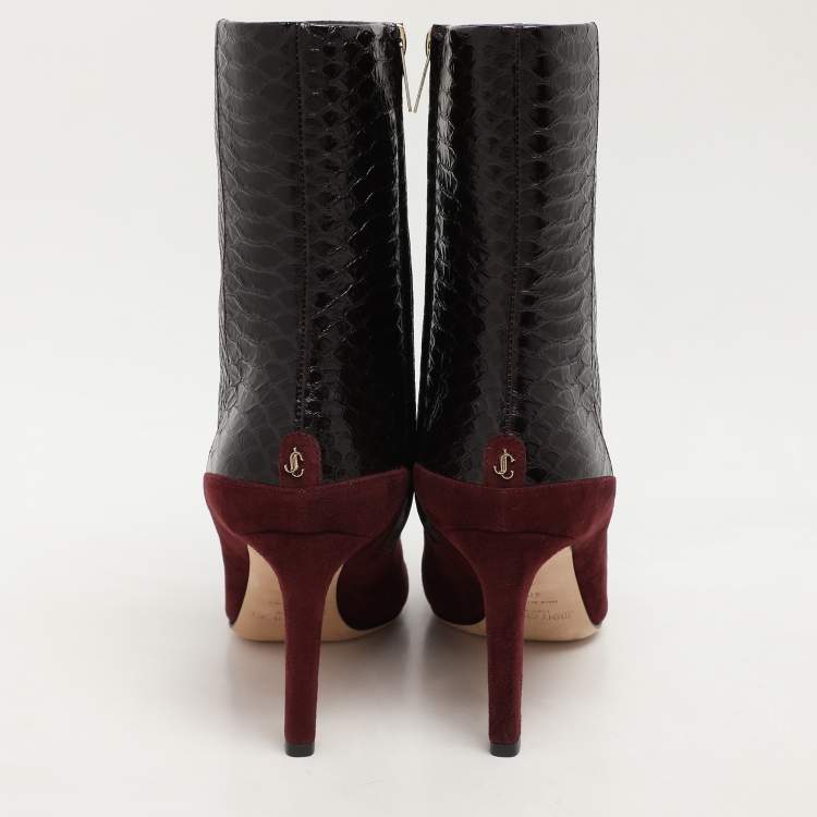 Pre Owned Jimmy Choo Burgundy Python Embossed Leather and Suede Mavie Ankle Boots Size 40