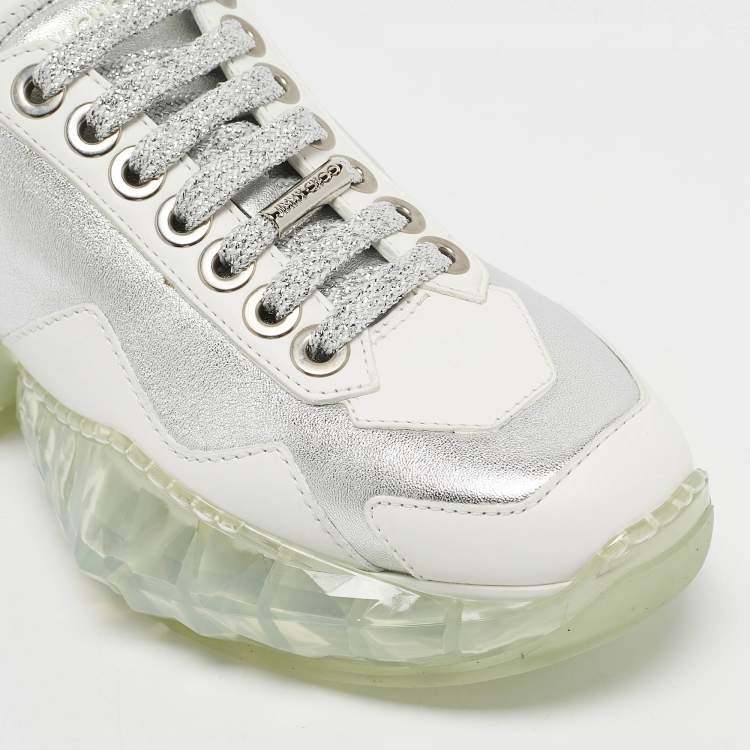 Pre Owned Jimmy Choo Silver/White Leather Diamond Lace Up Sneakers Size 35