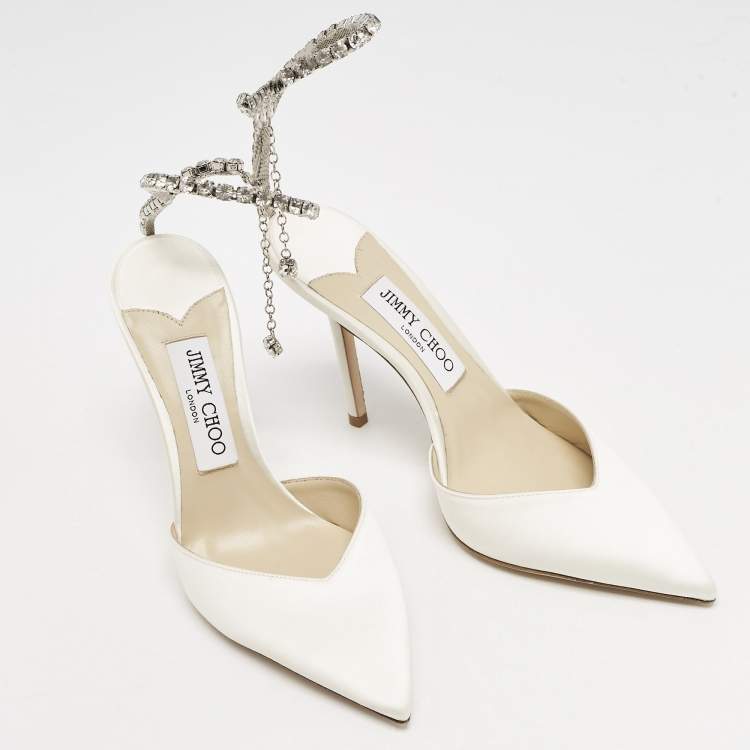 مملوكة مسبقًا Jimmy Choo Ivory Satin Crystal Embellished Saeda Pumps Size 37