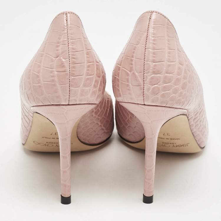 Pre Owned Jimmy Choo Blush Pink Croc Embossed Leather Love Pointed Toe Pumps Size 37
