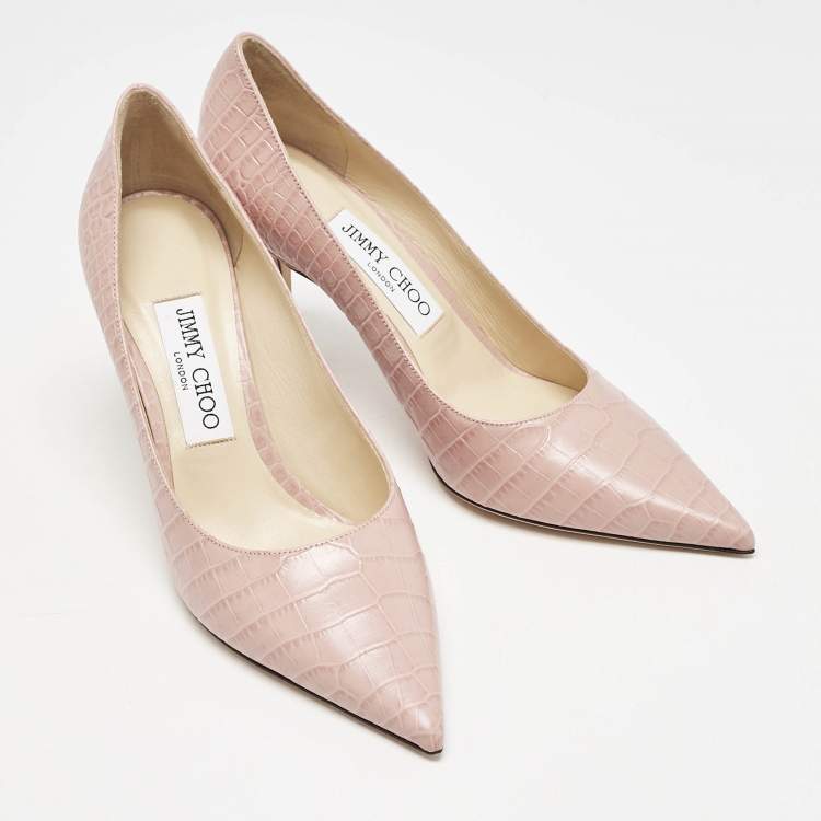 Pre Owned Jimmy Choo Blush Pink Croc Embossed Leather Love Pointed Toe Pumps Size 37