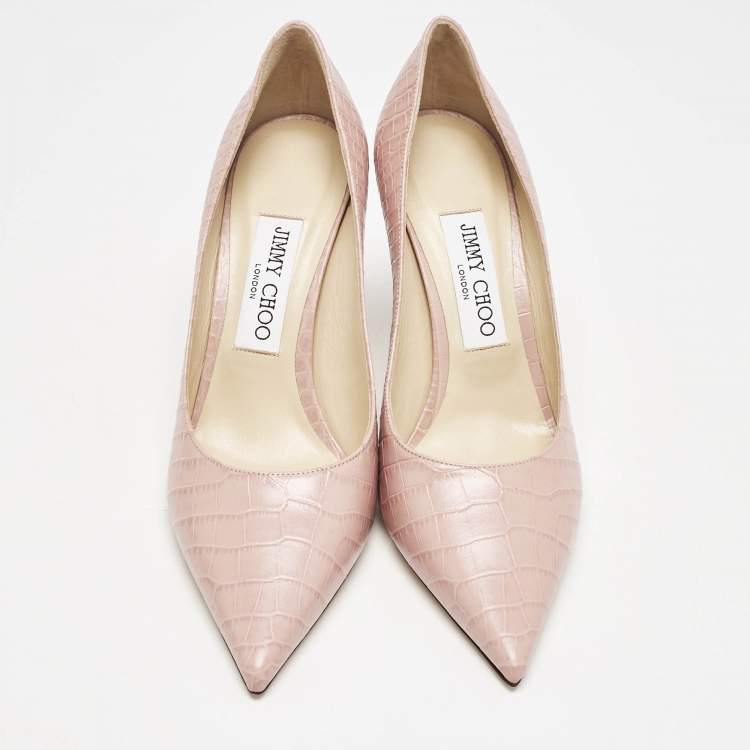 Pre Owned Jimmy Choo Blush Pink Croc Embossed Leather Love Pointed Toe Pumps Size 37