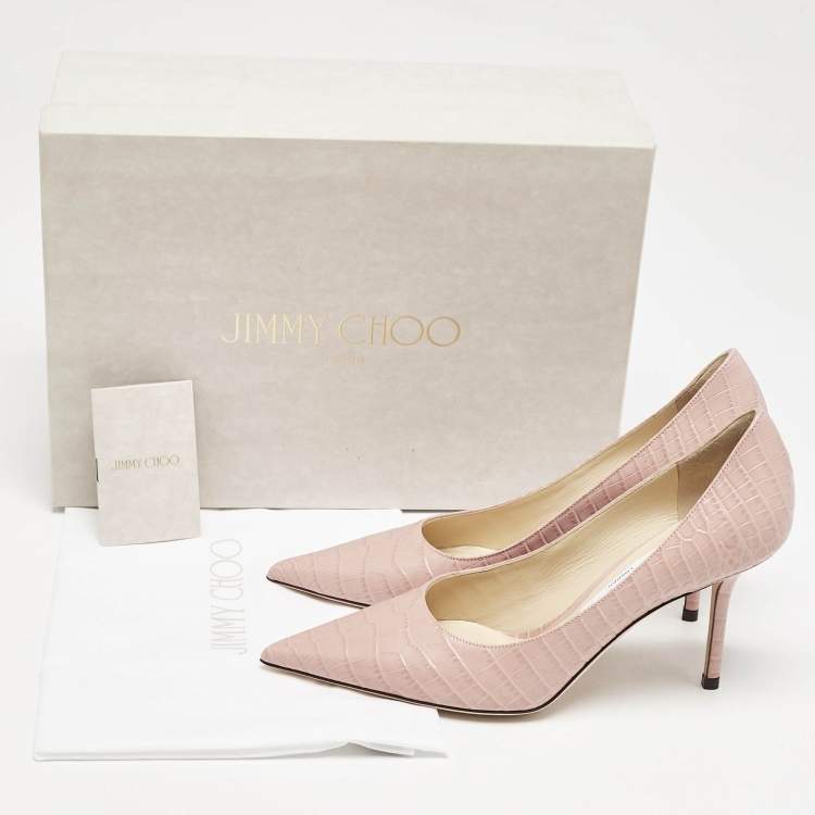 Pre Owned Jimmy Choo Blush Pink Croc Embossed Leather Love Pointed Toe Pumps Size 37
