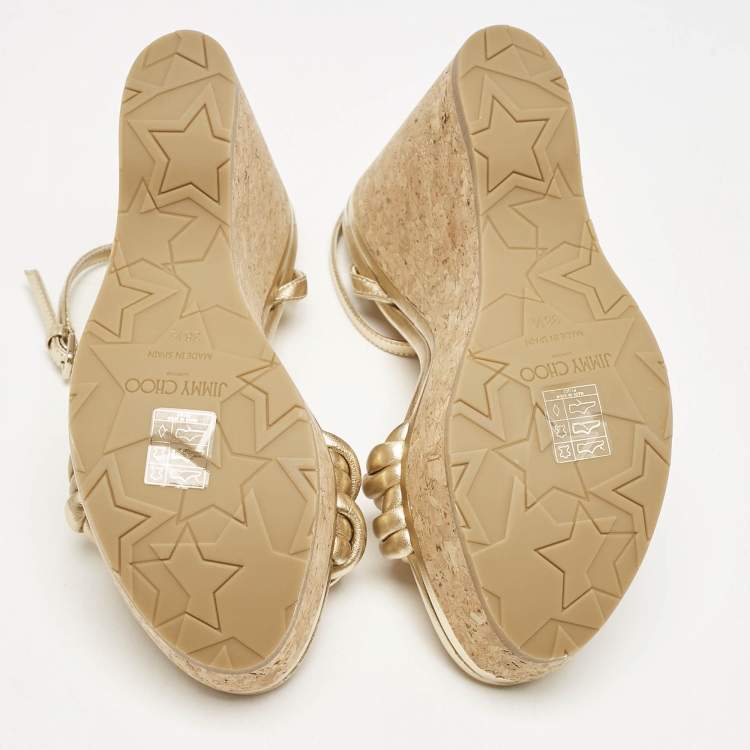 Pre Owned Jimmy Choo Gold Leather Diosa Wedge Sandals Size 38.5
