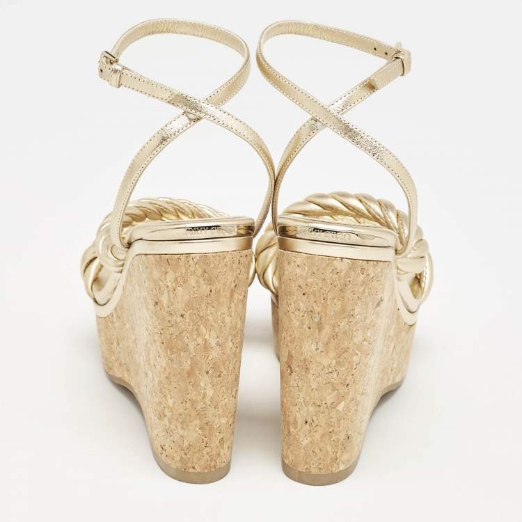 Pre Owned Jimmy Choo Gold Leather Diosa Wedge Sandals Size 38.5