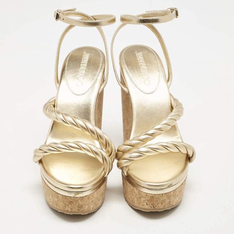 Pre Owned Jimmy Choo Gold Leather Diosa Wedge Sandals Size 38.5