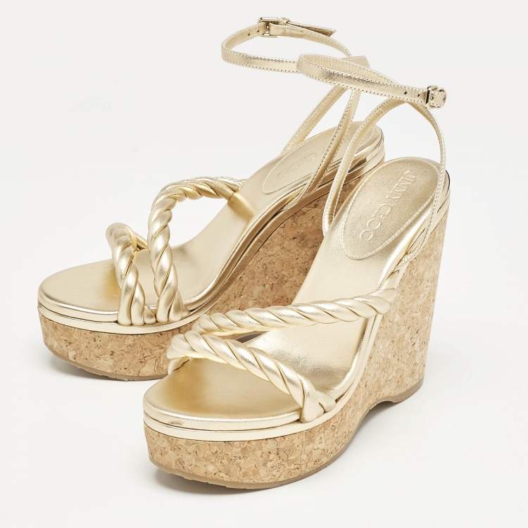 Pre Owned Jimmy Choo Gold Leather Diosa Wedge Sandals Size 38.5