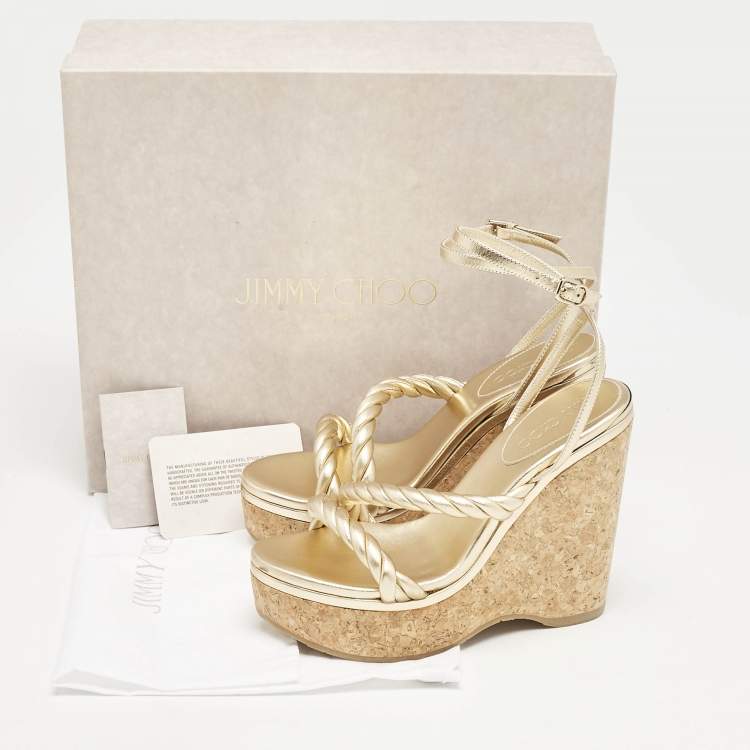 Pre Owned Jimmy Choo Gold Leather Diosa Wedge Sandals Size 38.5