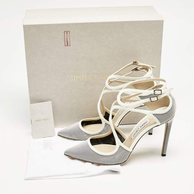 Pre Owned Jimmy Choo White/Black Raffia and Patent Leather Lancer Pumps Size 40.5