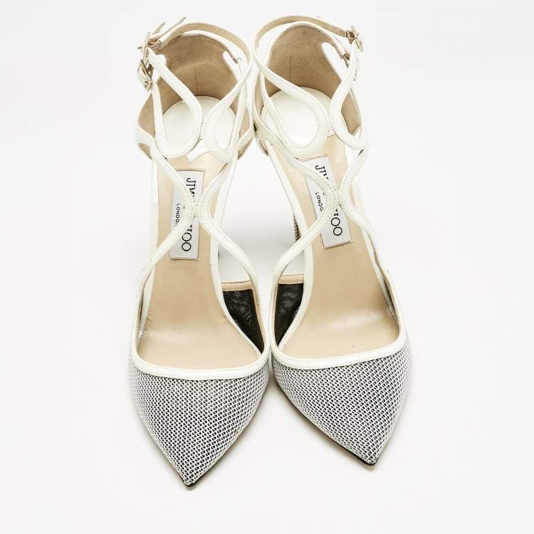 Pre Owned Jimmy Choo White/Black Raffia and Patent Leather Lancer Pumps Size 40.5