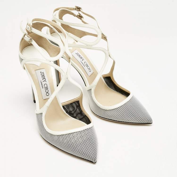 Pre Owned Jimmy Choo White/Black Raffia and Patent Leather Lancer Pumps Size 40.5
