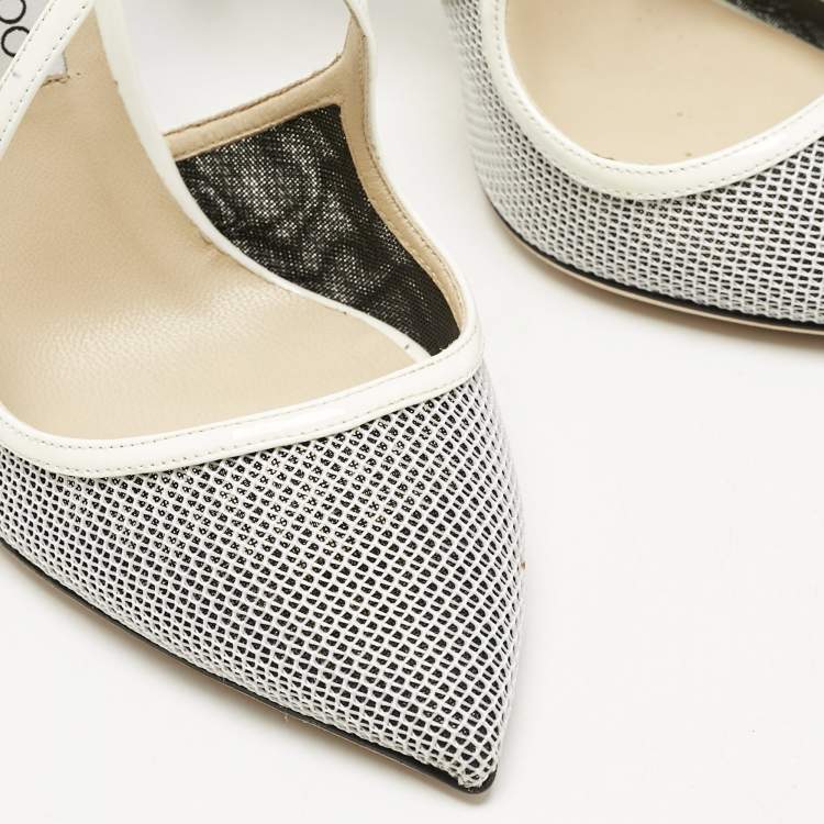 Pre Owned Jimmy Choo White/Black Raffia and Patent Leather Lancer Pumps Size 40.5