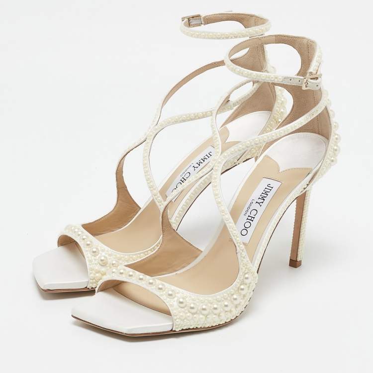 Pre Owned Jimmy Choo White Stain Pearl Embellished Azia Sandals Size 39