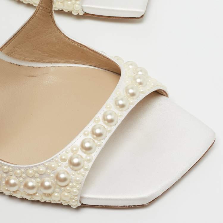 Pre Owned Jimmy Choo White Stain Pearl Embellished Azia Sandals Size 39