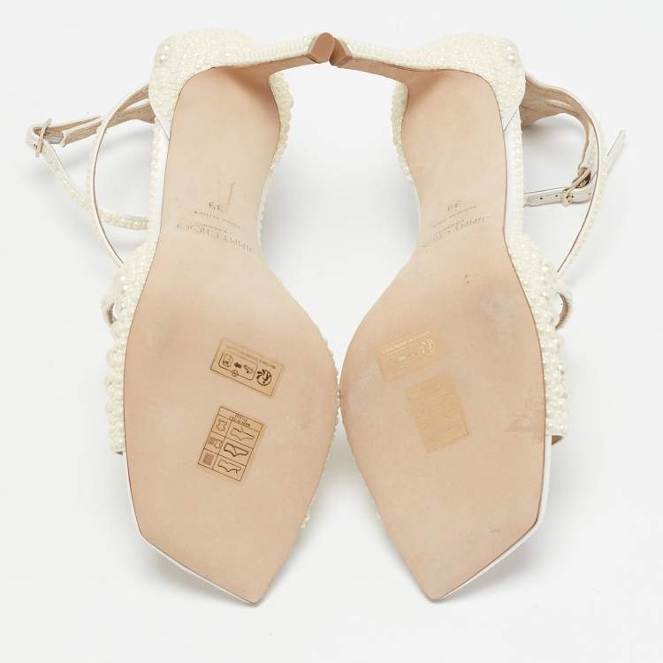 Pre Owned Jimmy Choo White Stain Pearl Embellished Azia Sandals Size 39