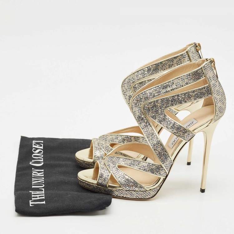Pre Owned Jimmy Choo Gold Glitter and Leather Karla Sandals Size 39