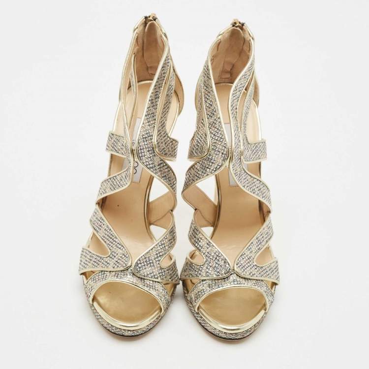 Pre Owned Jimmy Choo Gold Glitter and Leather Karla Sandals Size 39
