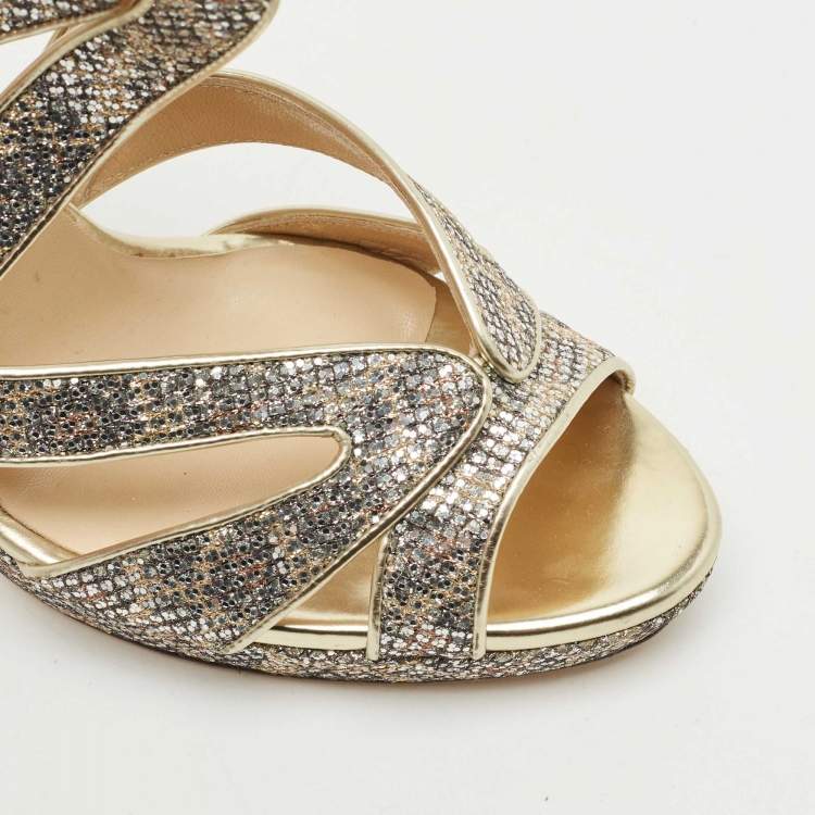 Pre Owned Jimmy Choo Gold Glitter and Leather Karla Sandals Size 39