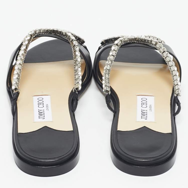 Pre Owned Jimmy Choo Black Leather Aadi Flat Slides Size 39