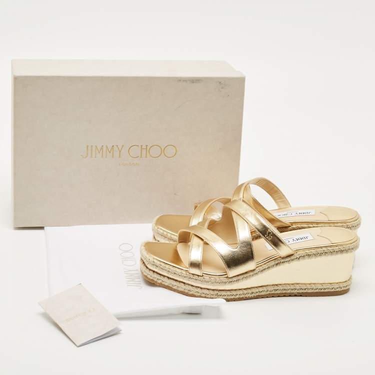 Pre Owned Jimmy Choo Gold Leather Wedge Slide Sandals Size 38