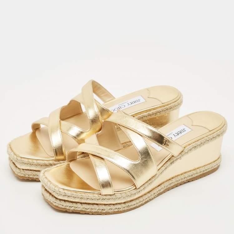 Pre Owned Jimmy Choo Gold Leather Wedge Slide Sandals Size 38