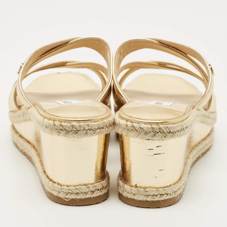 Pre Owned Jimmy Choo Gold Leather Wedge Slide Sandals Size 38