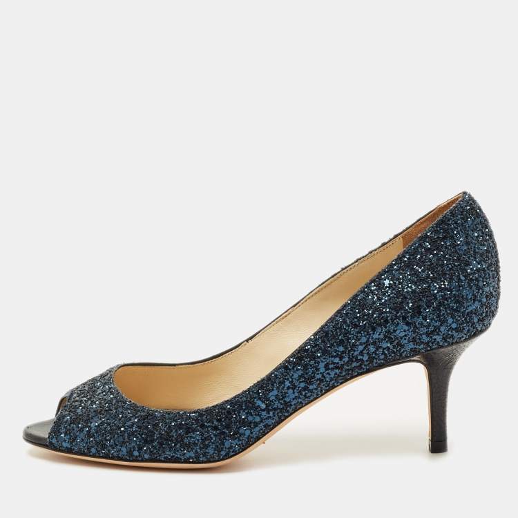 Pre Owned Jimmy Choo Navy Blue Glitter Isabel Peep Toe Pumps Size 36