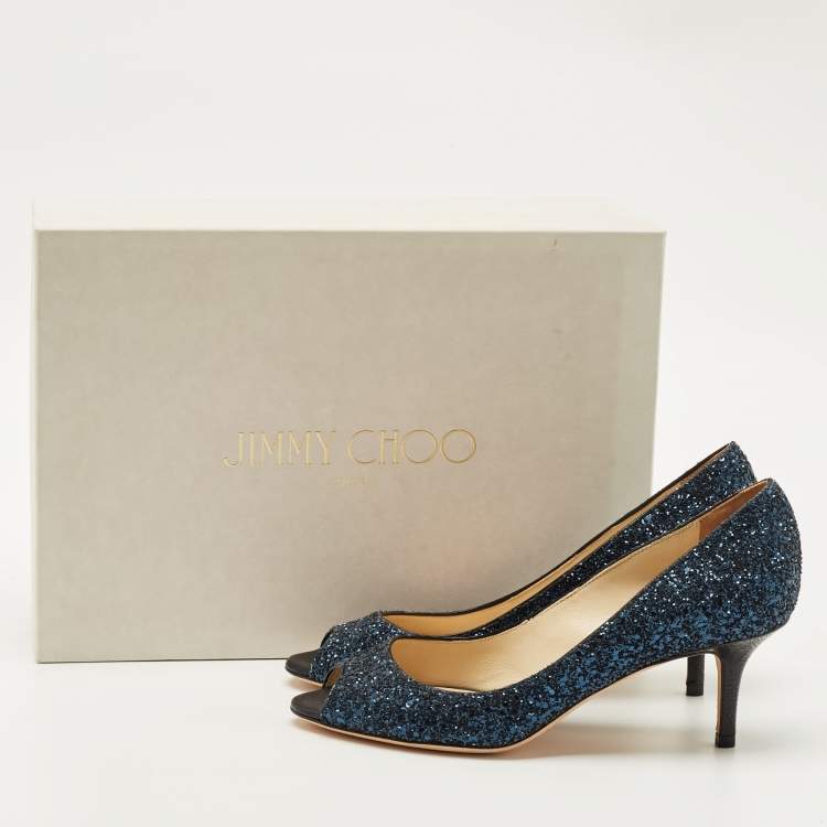 Pre Owned Jimmy Choo Navy Blue Glitter Isabel Peep Toe Pumps Size 36