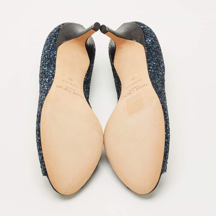 Pre Owned Jimmy Choo Navy Blue Glitter Isabel Peep Toe Pumps Size 36