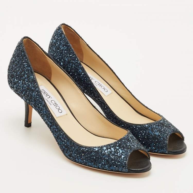 Pre Owned Jimmy Choo Navy Blue Glitter Isabel Peep Toe Pumps Size 36