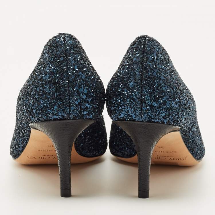 Pre Owned Jimmy Choo Navy Blue Glitter Isabel Peep Toe Pumps Size 36