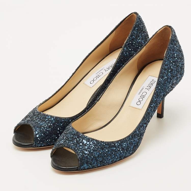 Pre Owned Jimmy Choo Navy Blue Glitter Isabel Peep Toe Pumps Size 36