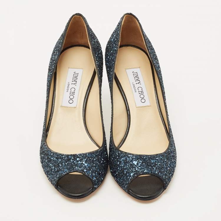 Pre Owned Jimmy Choo Navy Blue Glitter Isabel Peep Toe Pumps Size 36