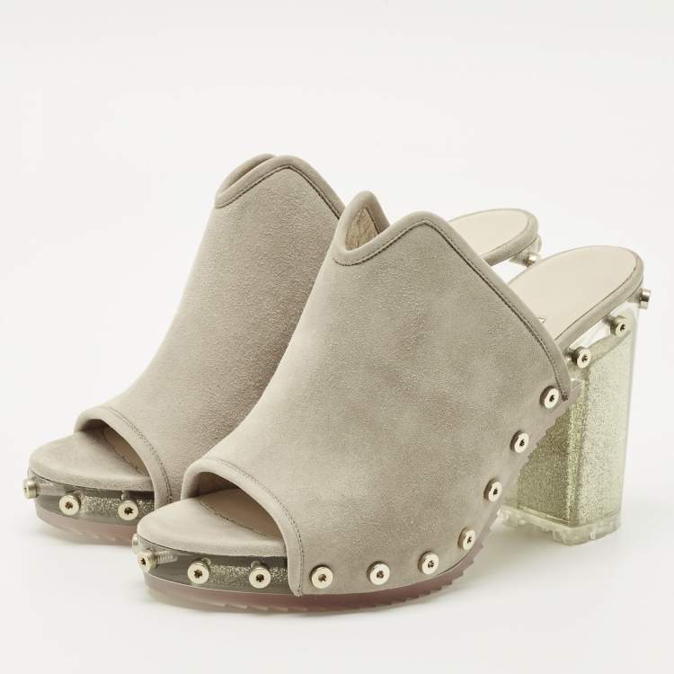 Pre Owned Jimmy Choo Grey Suede Studded Open Toe Mules Size 36.5