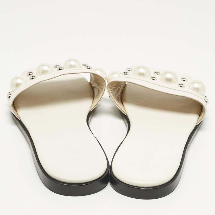 مملوكة مسبقًا Jimmy Choo White Leather Minea Embellished Flat Slides Size 39