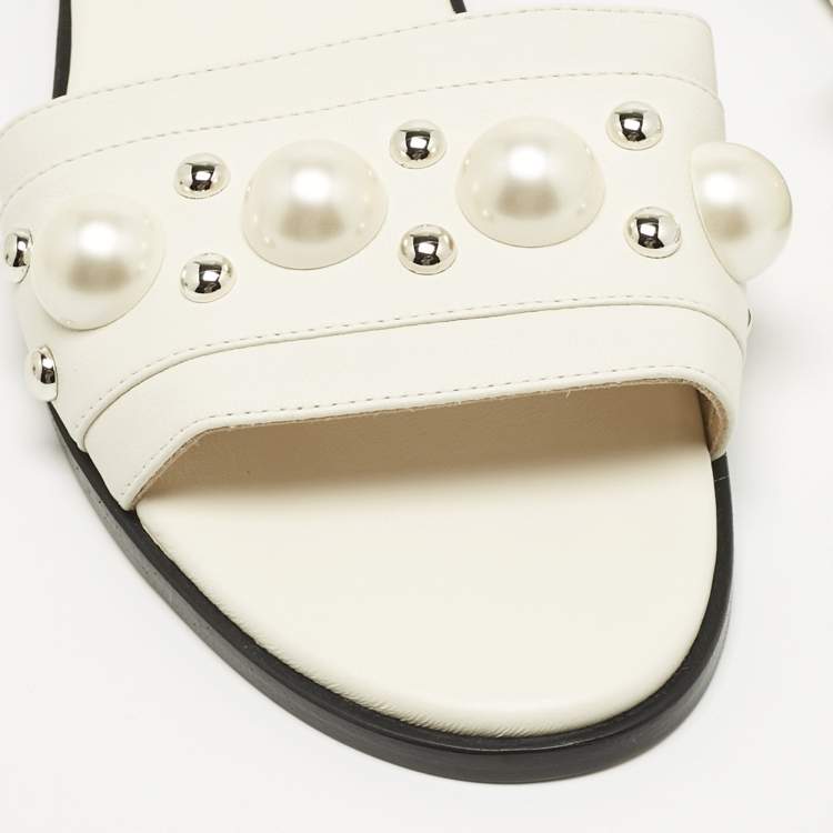مملوكة مسبقًا Jimmy Choo White Leather Minea Embellished Flat Slides Size 39