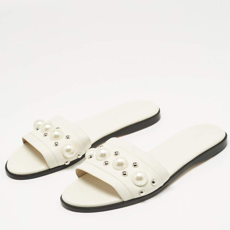 مملوكة مسبقًا Jimmy Choo White Leather Minea Embellished Flat Slides Size 39