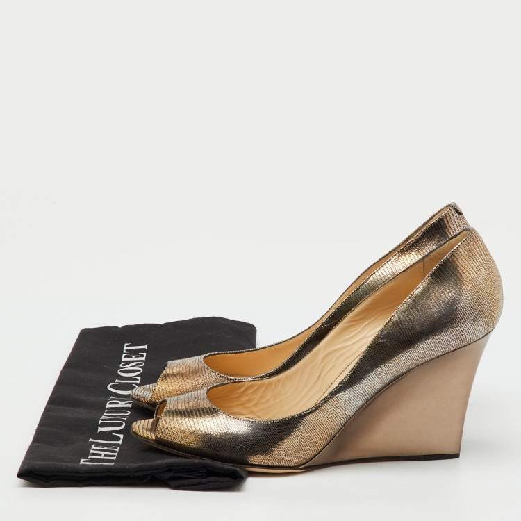 Pre Owned Jimmy Choo Metallic Gold Foil Leather Baxen Peep Toe Wedge Pumps Size 40