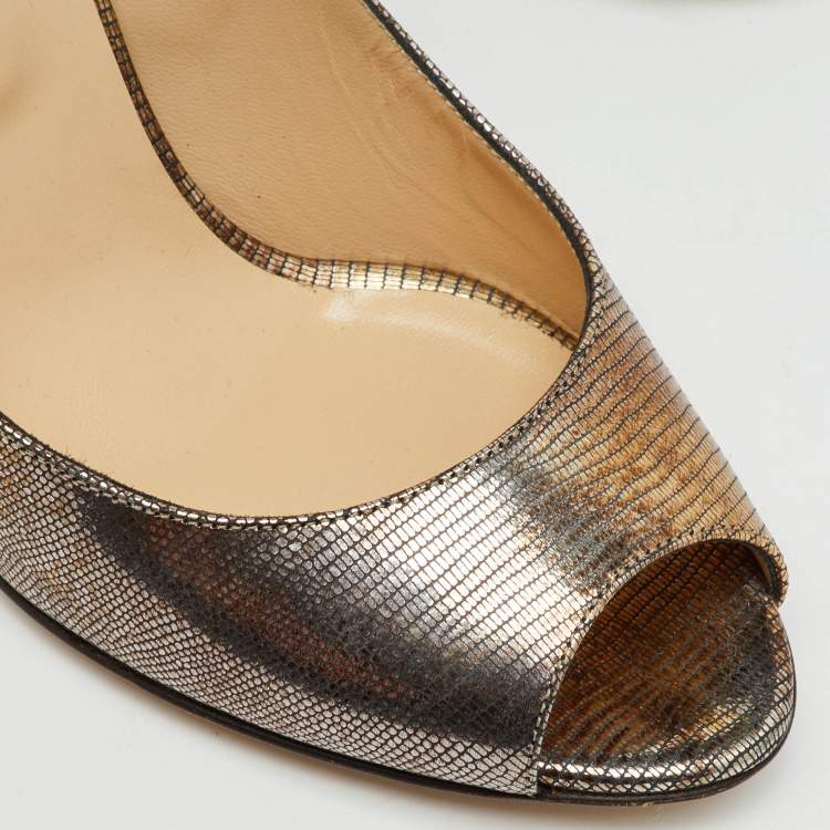 Pre Owned Jimmy Choo Metallic Gold Foil Leather Baxen Peep Toe Wedge Pumps Size 40
