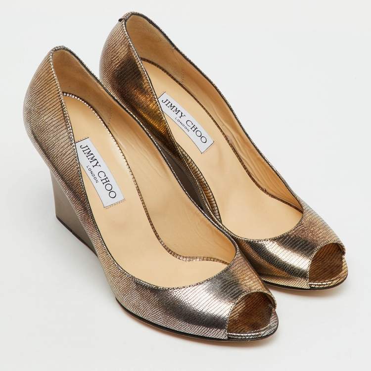 Pre Owned Jimmy Choo Metallic Gold Foil Leather Baxen Peep Toe Wedge Pumps Size 40
