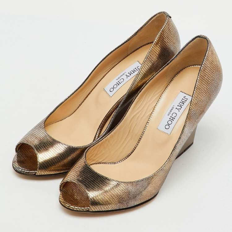 Pre Owned Jimmy Choo Metallic Gold Foil Leather Baxen Peep Toe Wedge Pumps Size 40