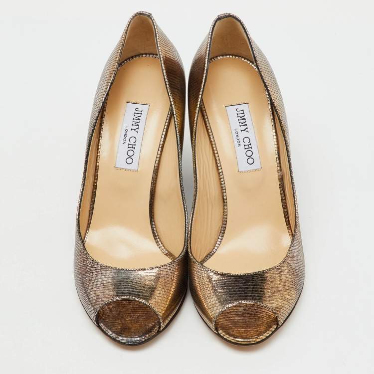 Pre Owned Jimmy Choo Metallic Gold Foil Leather Baxen Peep Toe Wedge Pumps Size 40