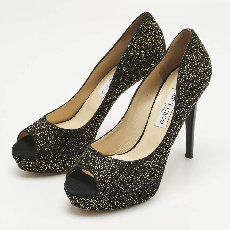 Pre Owned Jimmy Choo Black/Gold Texture Suede Peep Toe Pumps Size 41