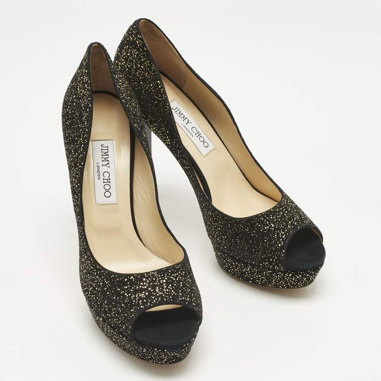 Pre Owned Jimmy Choo Black/Gold Texture Suede Peep Toe Pumps Size 41