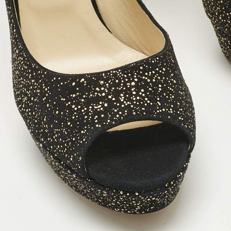 Pre Owned Jimmy Choo Black/Gold Texture Suede Peep Toe Pumps Size 41