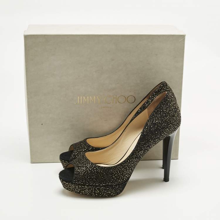 Pre Owned Jimmy Choo Black/Gold Texture Suede Peep Toe Pumps Size 41