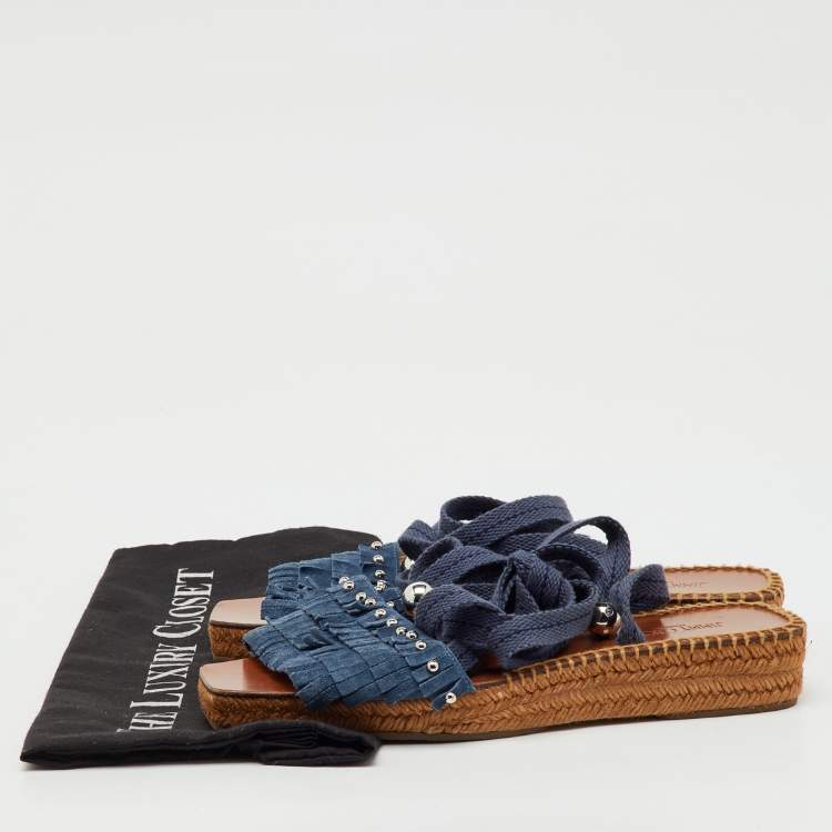 Pre Owned Jimmy Choo Blue Fringe Suede Denim Aisha Espadrille Ankle Wrap Sandals Size 38.5
