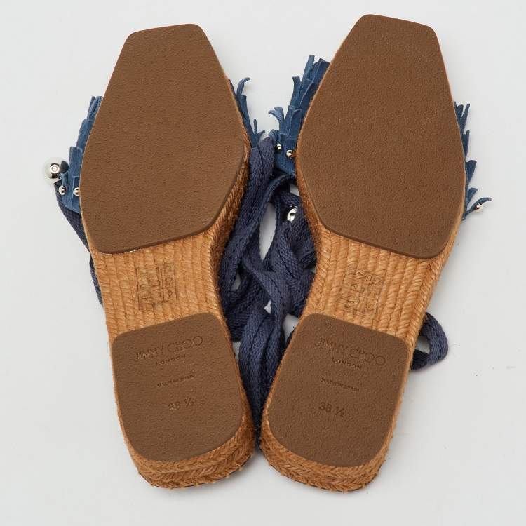 Pre Owned Jimmy Choo Blue Fringe Suede Denim Aisha Espadrille Ankle Wrap Sandals Size 38.5