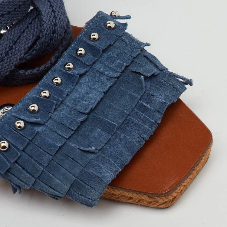 Pre Owned Jimmy Choo Blue Fringe Suede Denim Aisha Espadrille Ankle Wrap Sandals Size 38.5