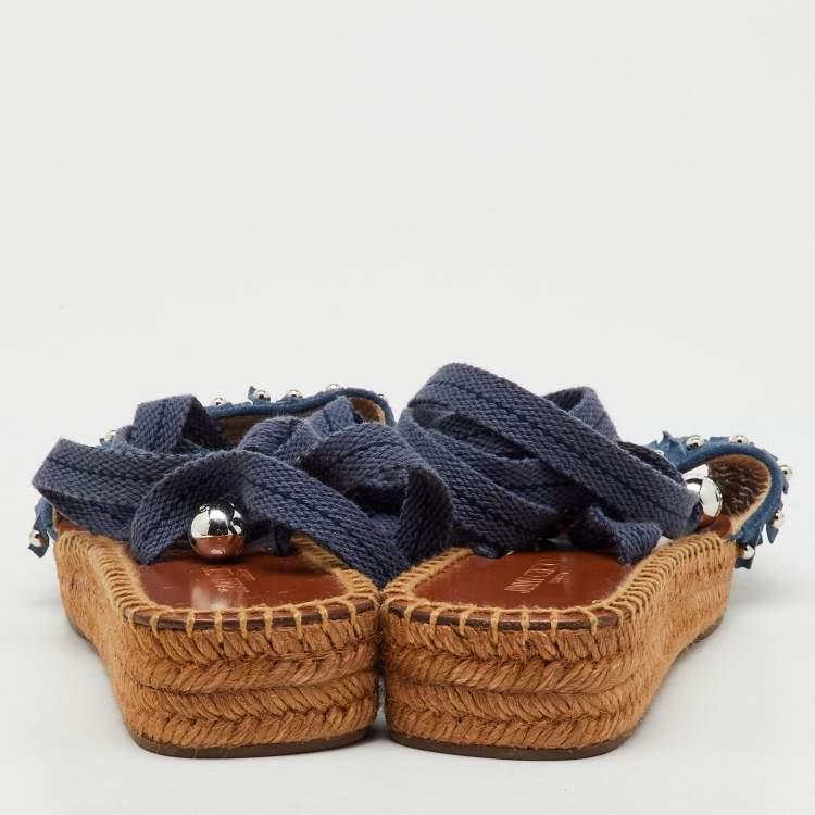 Pre Owned Jimmy Choo Blue Fringe Suede Denim Aisha Espadrille Ankle Wrap Sandals Size 38.5